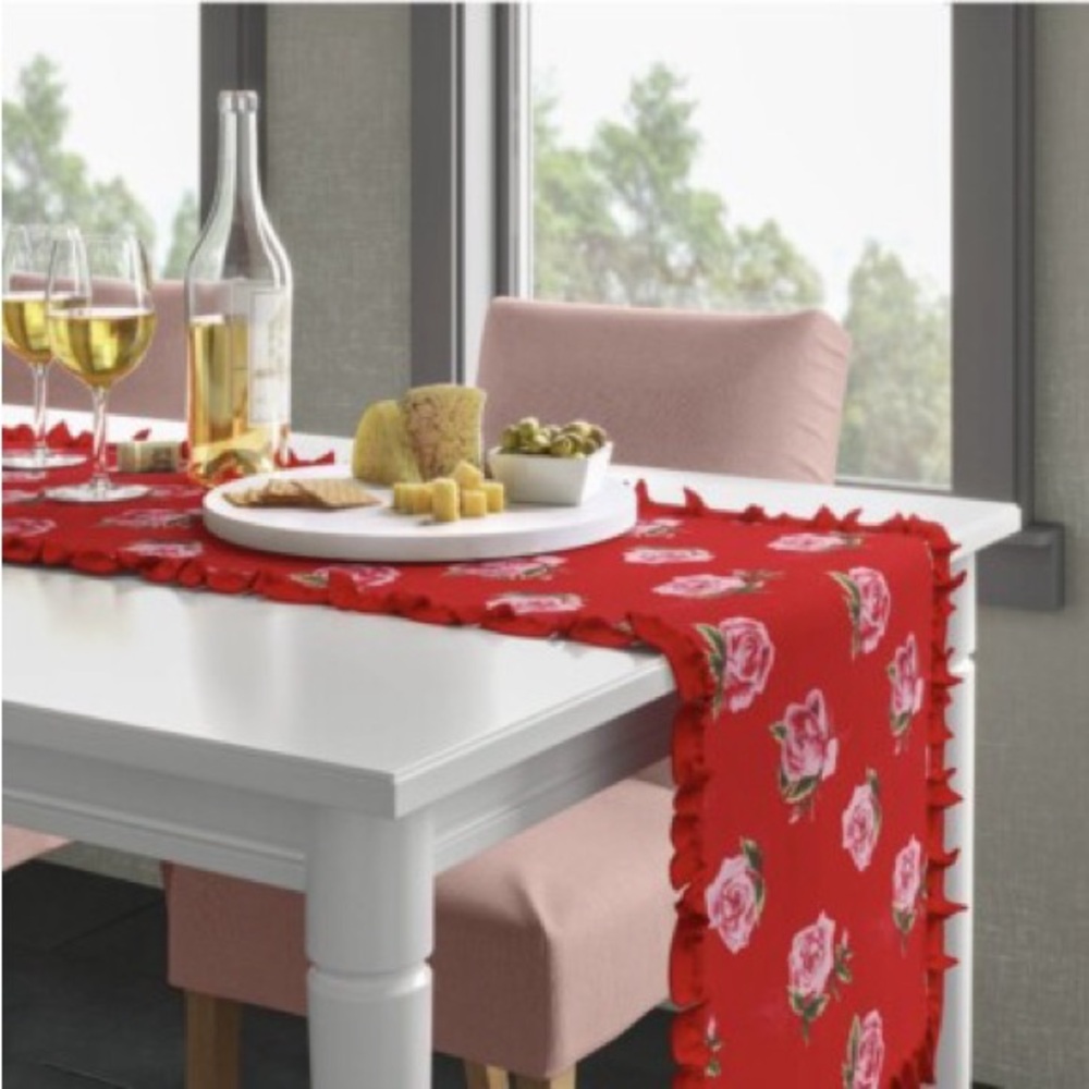Threshold Reversible Table Runner Red Roses & Stripes-Ruffled Edge 72”x14" - Picture 3 of 6